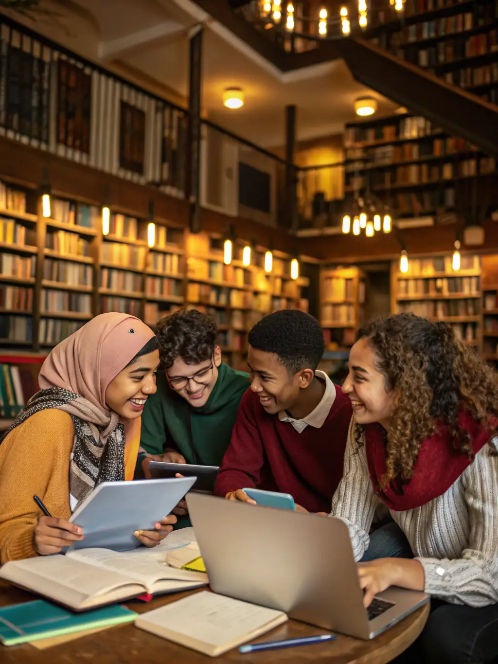 A diverse group of students collaborating on a research project, symbolizing the collaborative and supportive environment fostered by Project Pro Help.