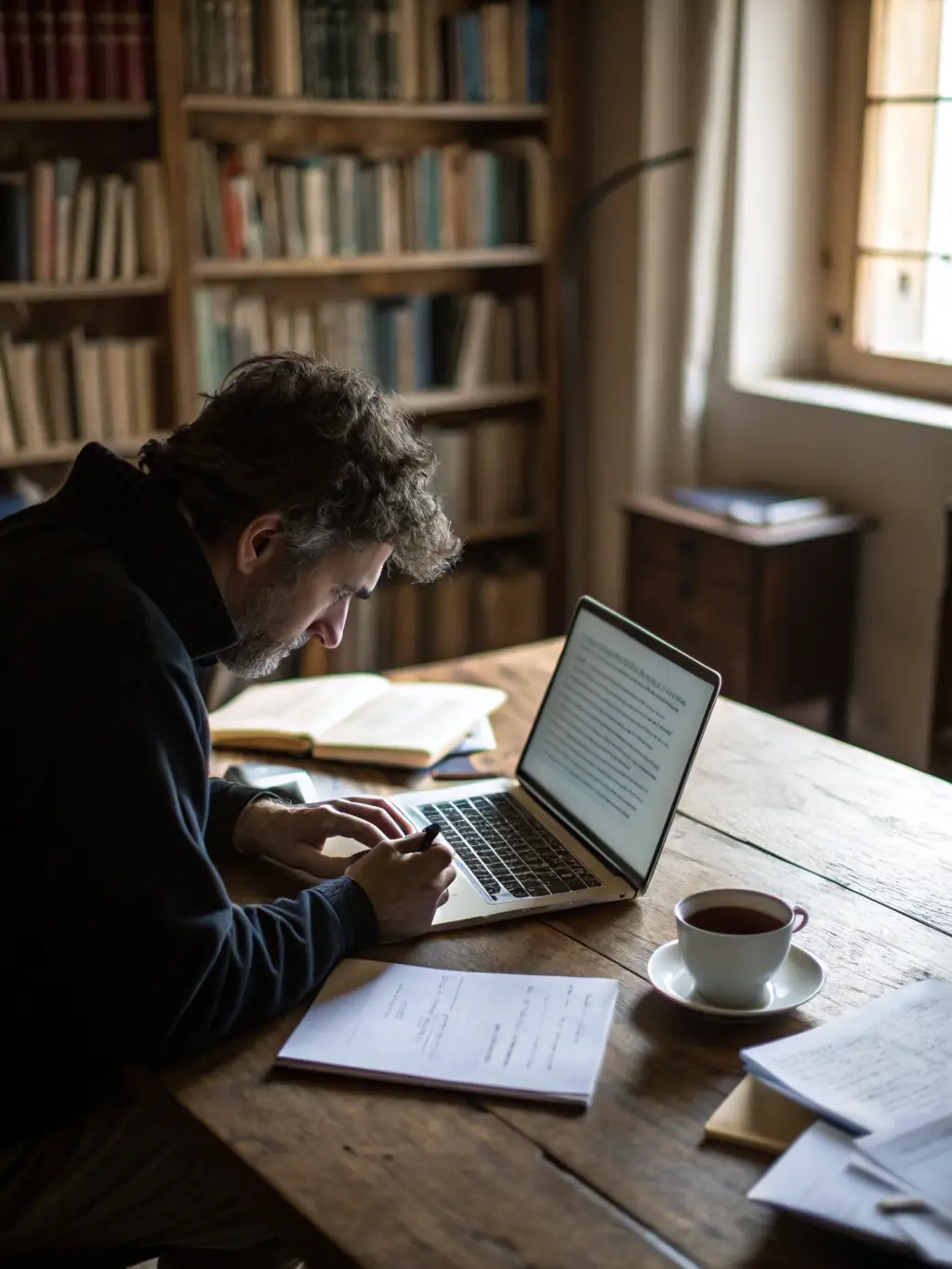 A researcher deeply engrossed in analyzing data on a computer screen, surrounded by books and notes, symbolizing the dedication to research writing assistance provided by Project Pro Help.