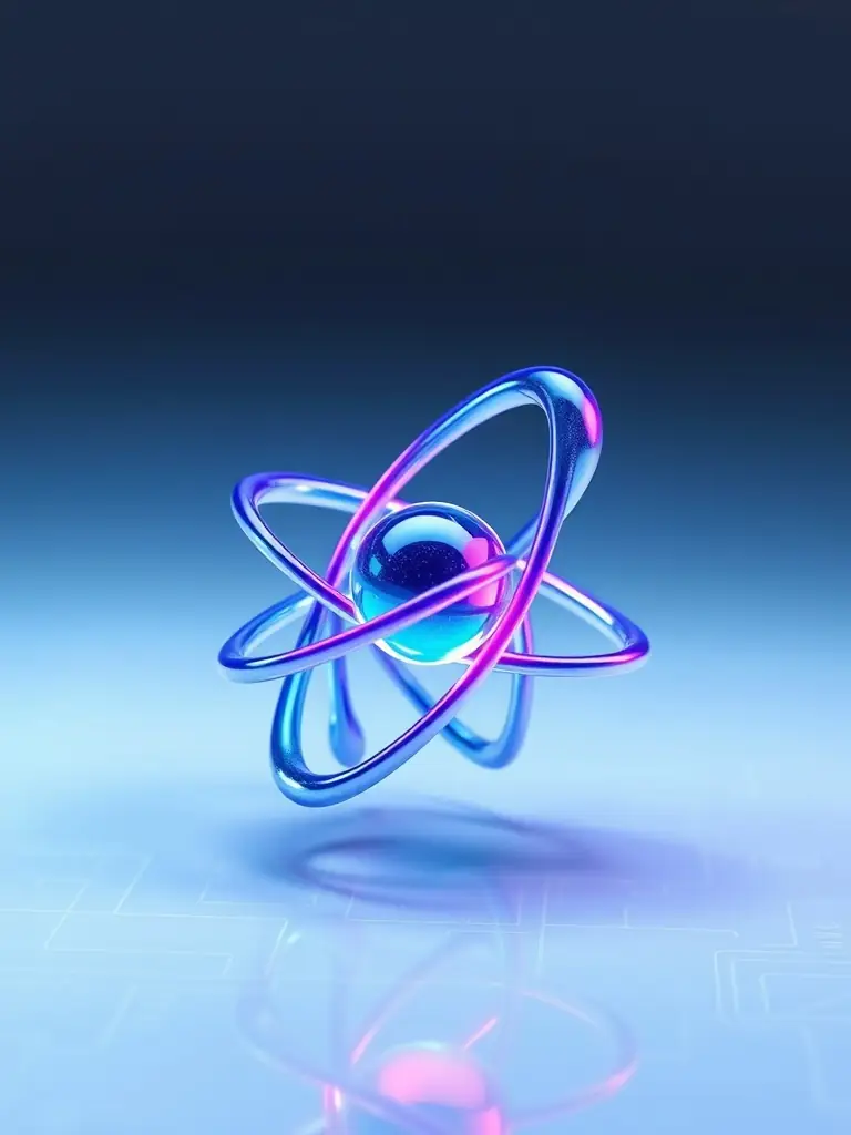 A stylized, glowing atom icon with orbiting electrons, rendered in neon blue and purple, set on a glassmorphism card, representing engineering and physical sciences.