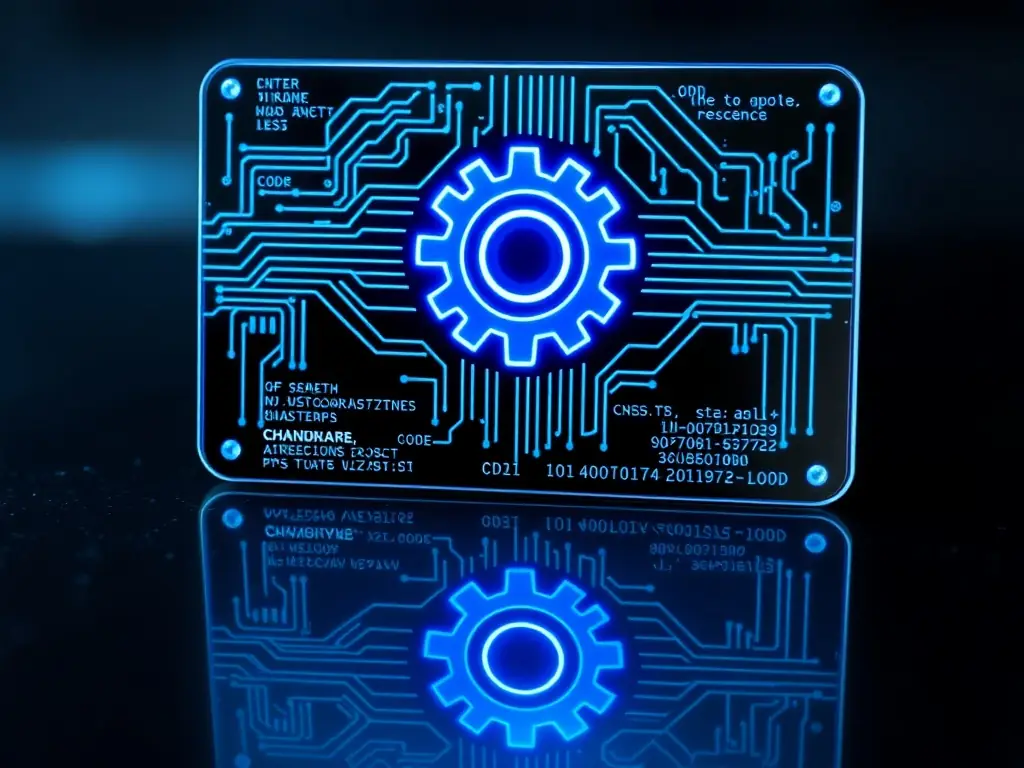 A modern glassmorphism card displaying a glowing neon blue icon of a gear, circuit board, and code brackets, symbolizing engineering, technology, and computer science, with a high-tech academic vibe.