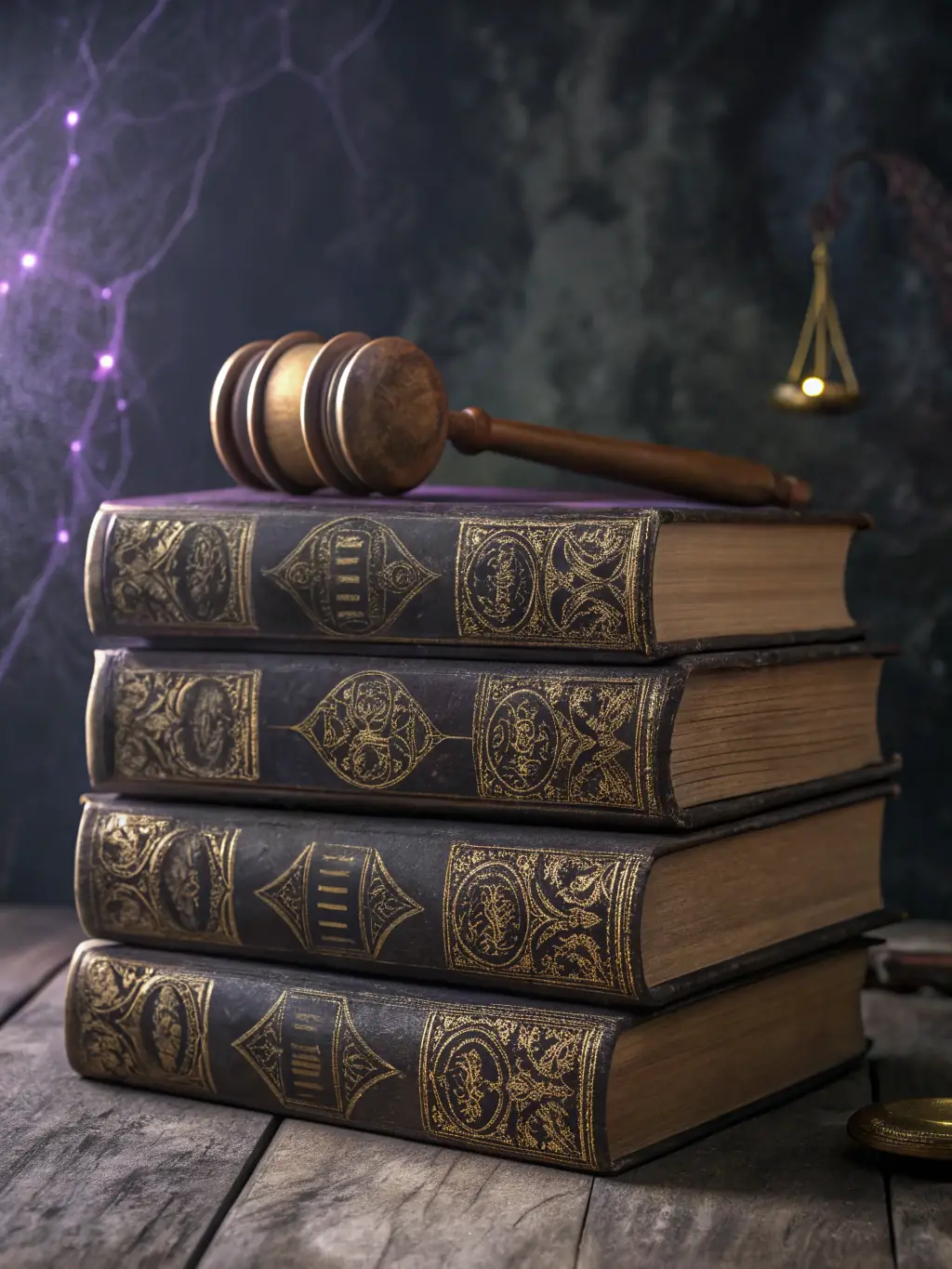 A futuristic icon of a gavel and law book with neon purple highlights, floating above a glassy card, representing law, humanities, and social sciences.