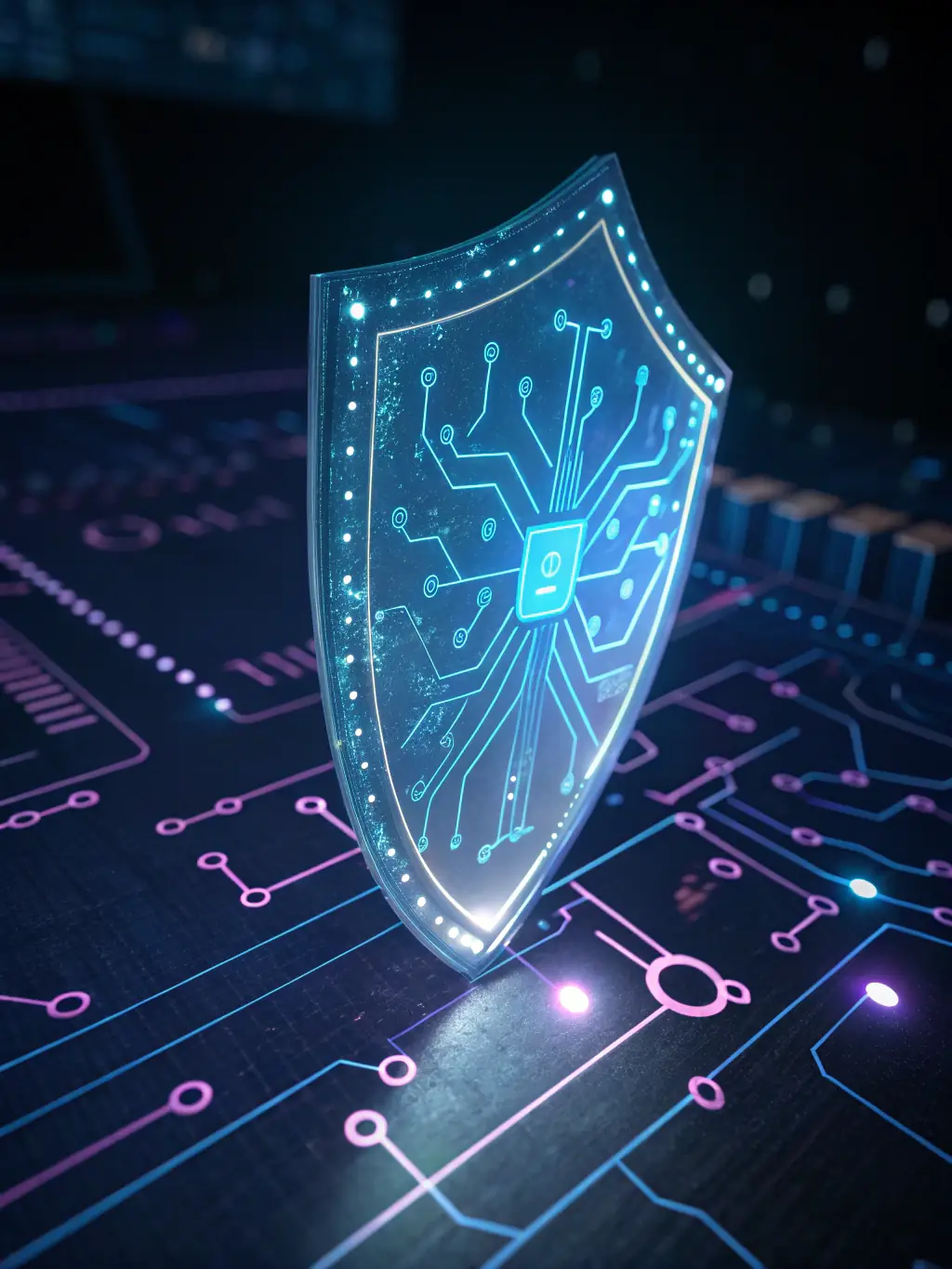 A glowing AI-powered shield icon overlaying a document, with digital code and plagiarism check marks, all styled in neon purple and blue glassmorphism for a modern, tech-savvy look.