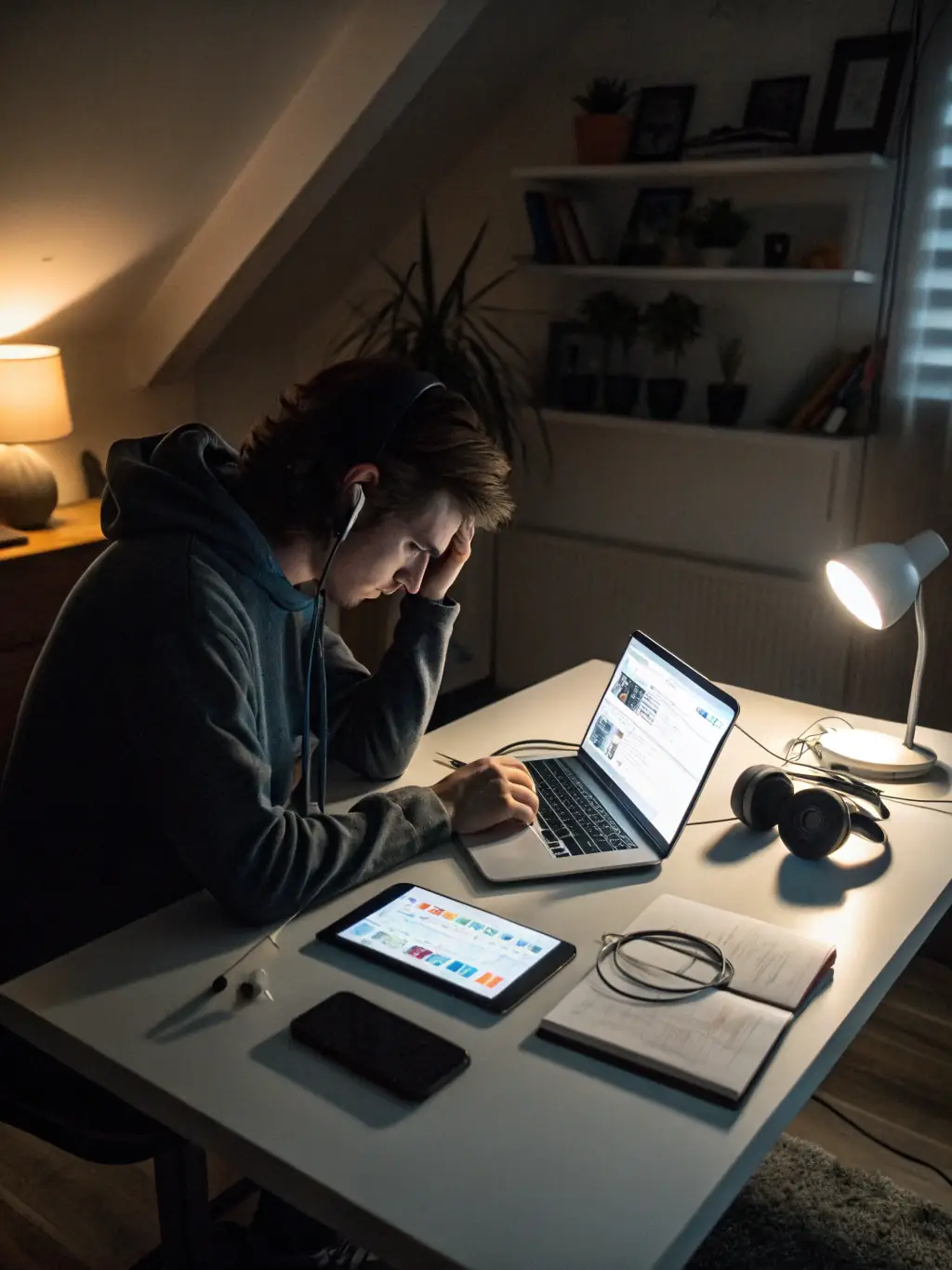 An elegant glassmorphism card featuring a focused student typing on a laptop, surrounded by glowing academic icons and digital research elements, set against a dark navy, neon-accented background.