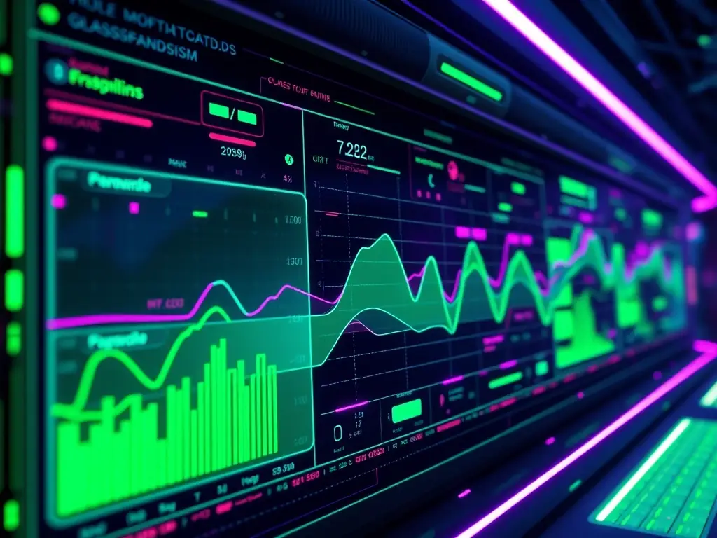 A sleek, futuristic card with a neon purple icon of a bar chart, pie chart, and mathematical symbols, representing business, economics, and data analysis, on a dark glassy background.