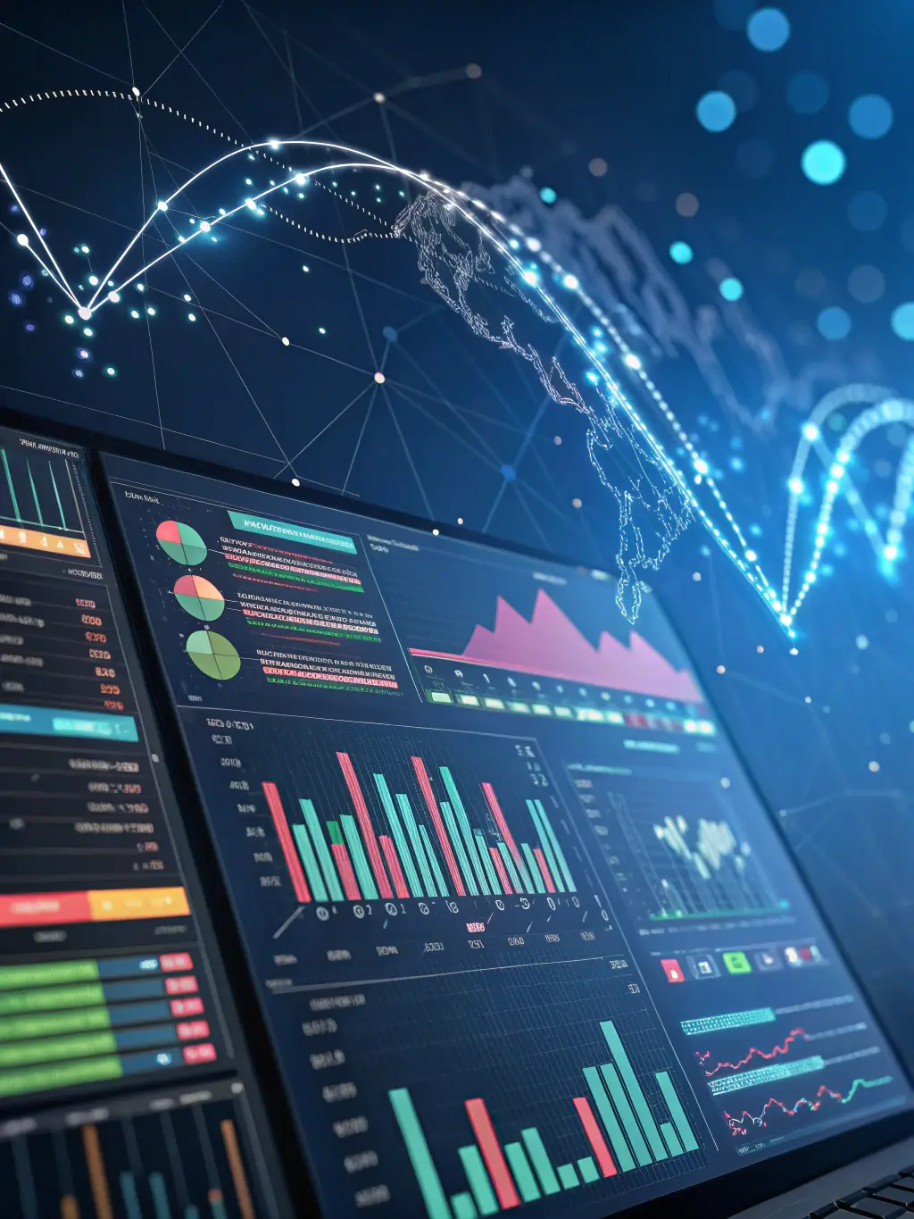 A stylized data analytics dashboard with graphs, charts, and a formatting wand, all on a glassy card with neon accents, symbolizing data analysis and formatting expertise.