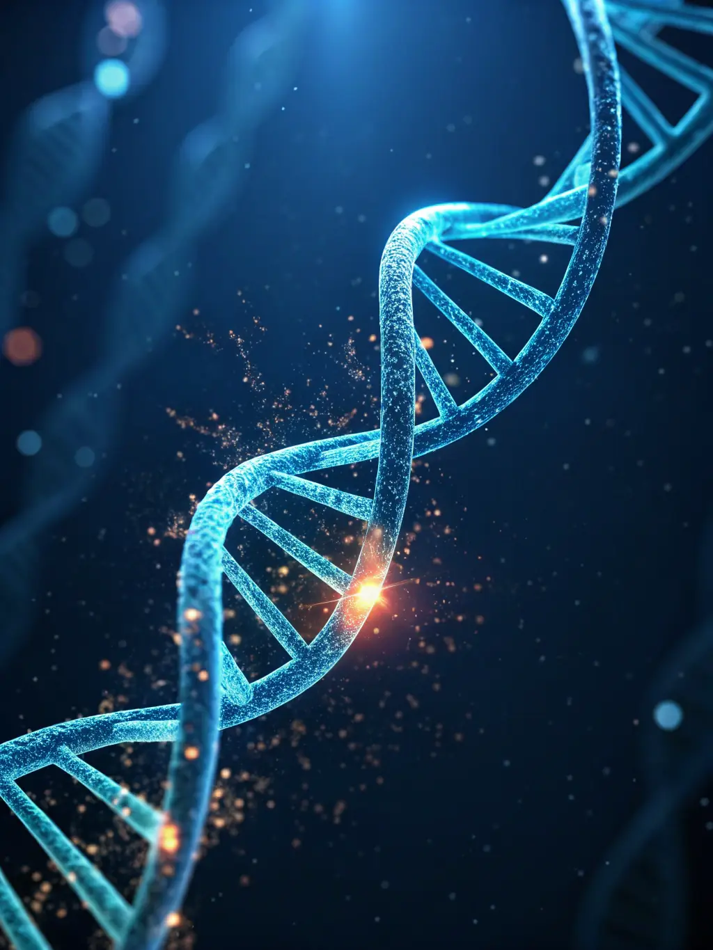 A sleek, glassmorphic icon of a DNA double helix glowing with neon blue and purple gradients, set against a dark navy background, representing life sciences and biotechnology subjects.