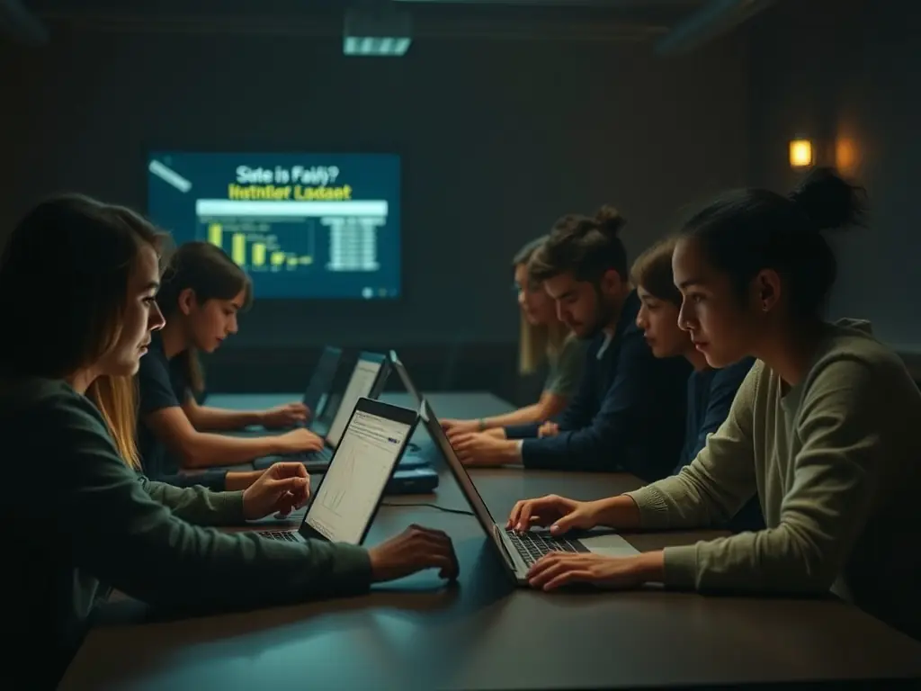 A premium, research-themed visual showing a group of students and a professor analyzing data on a large digital screen, with gold and navy blue accents and academic icons in the background.